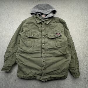 Genuine Dickies Duck Canvas Hooded Work Jacket Mens Small Green Zip Snap Button